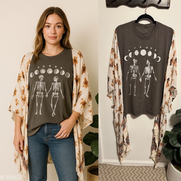 Custom Skeleton Moon Phase Tee with Leaves Kimono Sleeves - Picture 1 of 5
